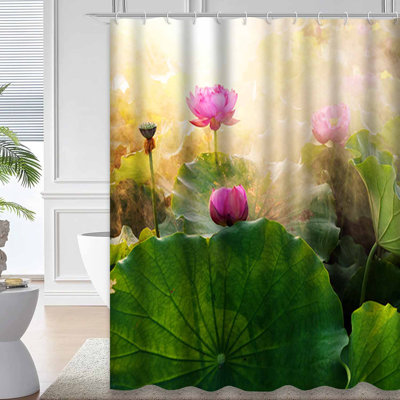 Sunset Zen Lotus Bloom Nature Shower Curtain with 12 Hooks