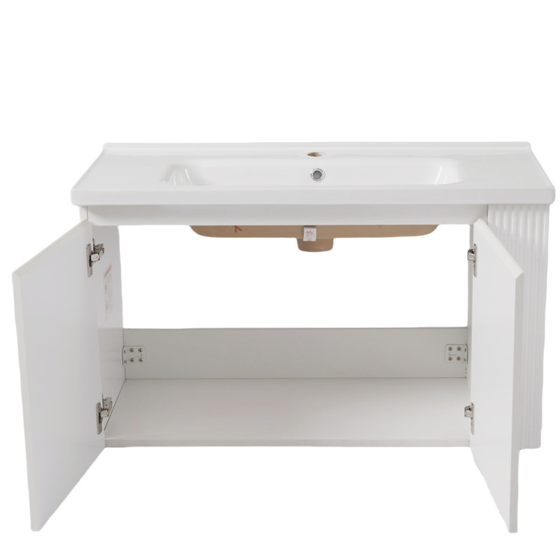 Meuble-lavabo mural polyvalent avec lavabo en céramique / meuble-lavabo avec portes et tablettes / espace de torsion