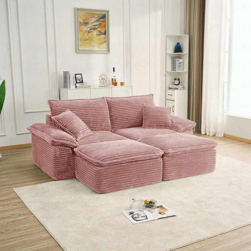 Canapé modulaire Boneless avec repose-pieds sans assemblage, Velours côtelé rose