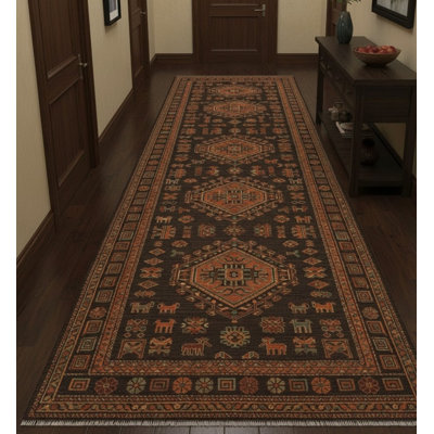 Tapis semi-antique brun foncé Tribal