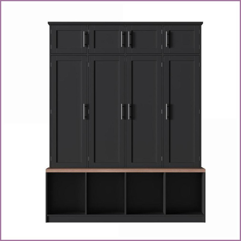 Farmhouse Hall Tree with Walnut Bench, 4 Hooks &amp; 8 Storage Cabinets | Black | MDF, Black