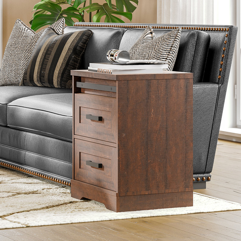 Set of 2 End Table with Charging Station,Side Sofa Table with Drawers, Nightstand with Power Outlets, Brown