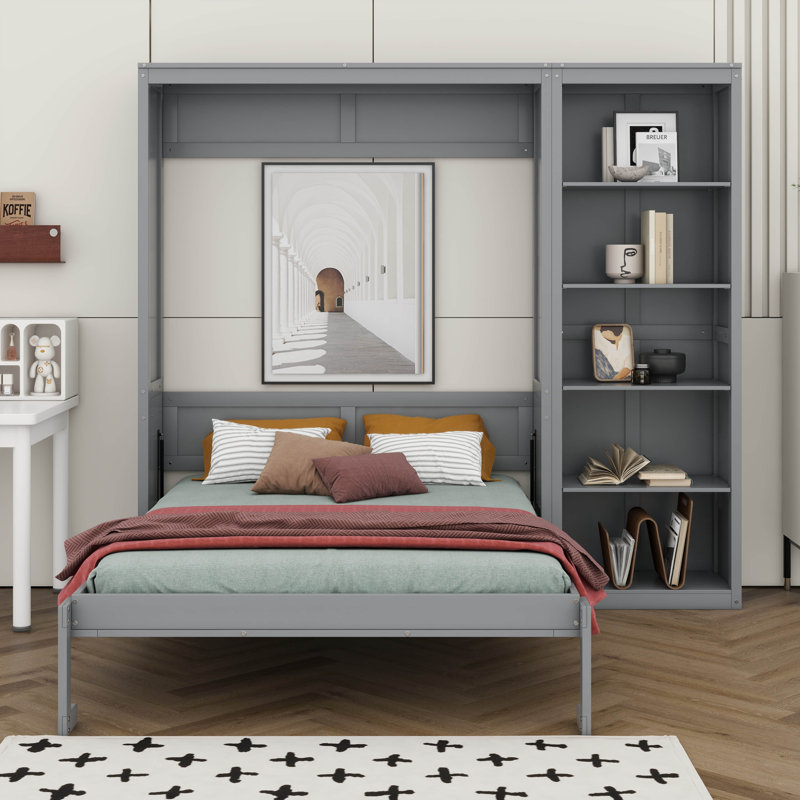 Grand lit escamotable, cadre de lit plateforme pliable et peu encombrant avec tablettes de rangement à 5 couches pour la pièce