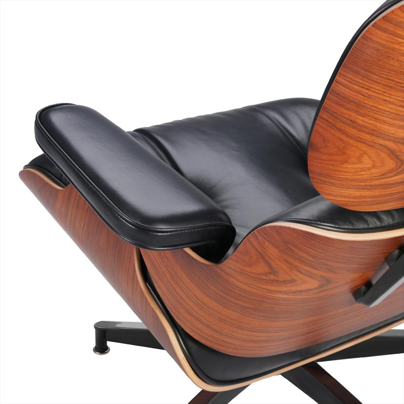 Chaise longue en bois massif, Cuir véritable noir / noyer