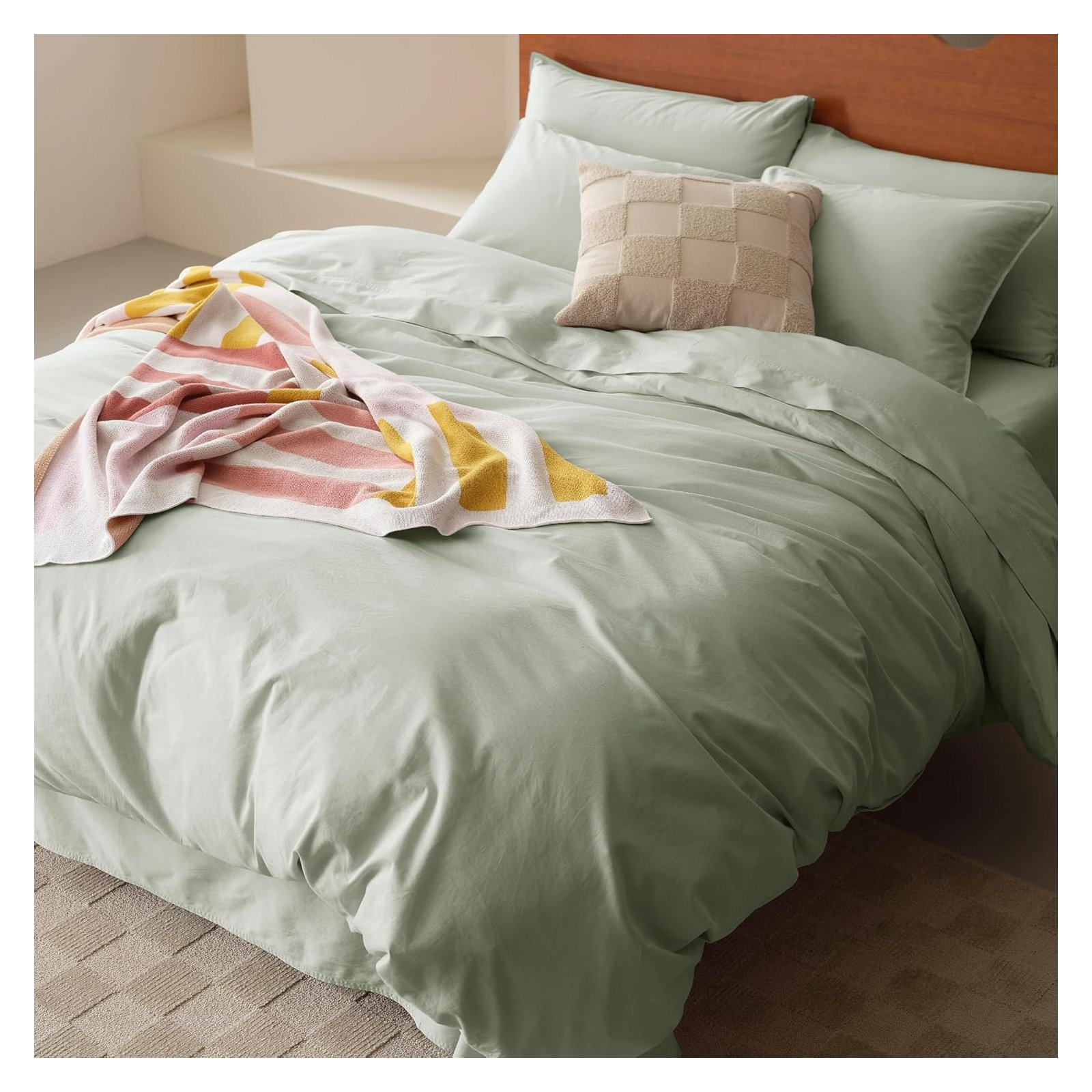 Double Stitch Cotton Solid Duvet Cover, Queen Duvet Cover + 2 Pillow Shams, Sage Green