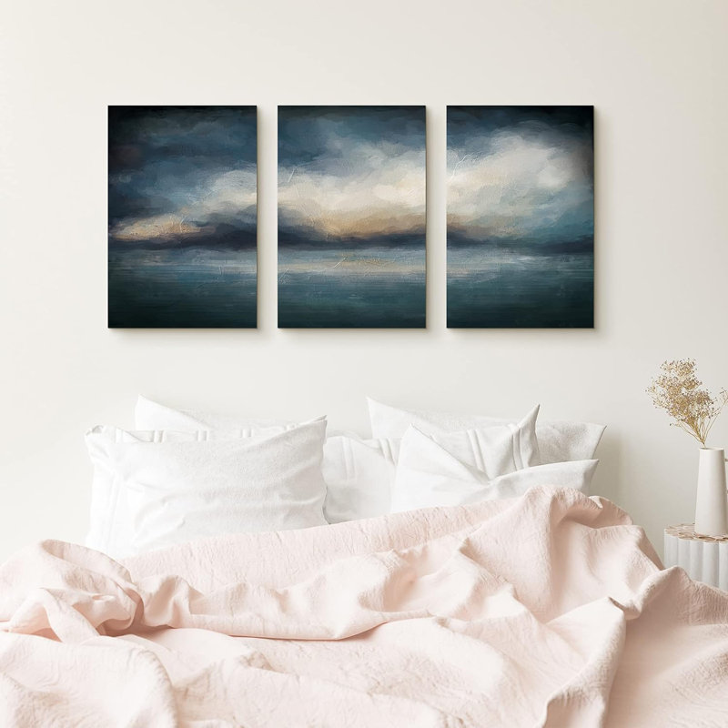 «Storm Cloud Dark Blue Skyline», 3 pièces sur toile, H 36 po x l 72 po, Toile tendue