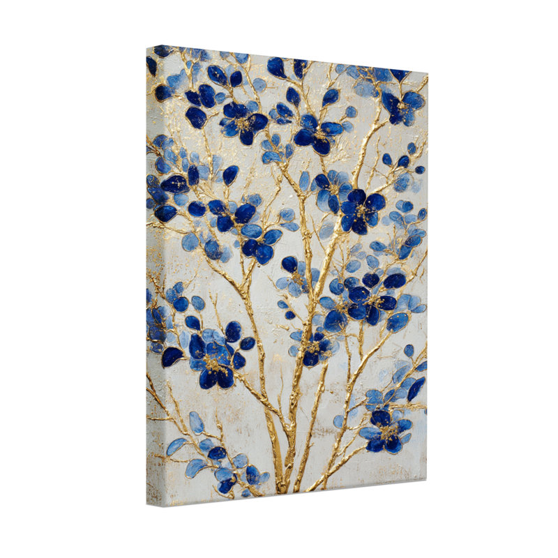 Plantes et fleurs Fleurs bleues sur des branches dorées sur fond blanc, H 30 po x l 20 po