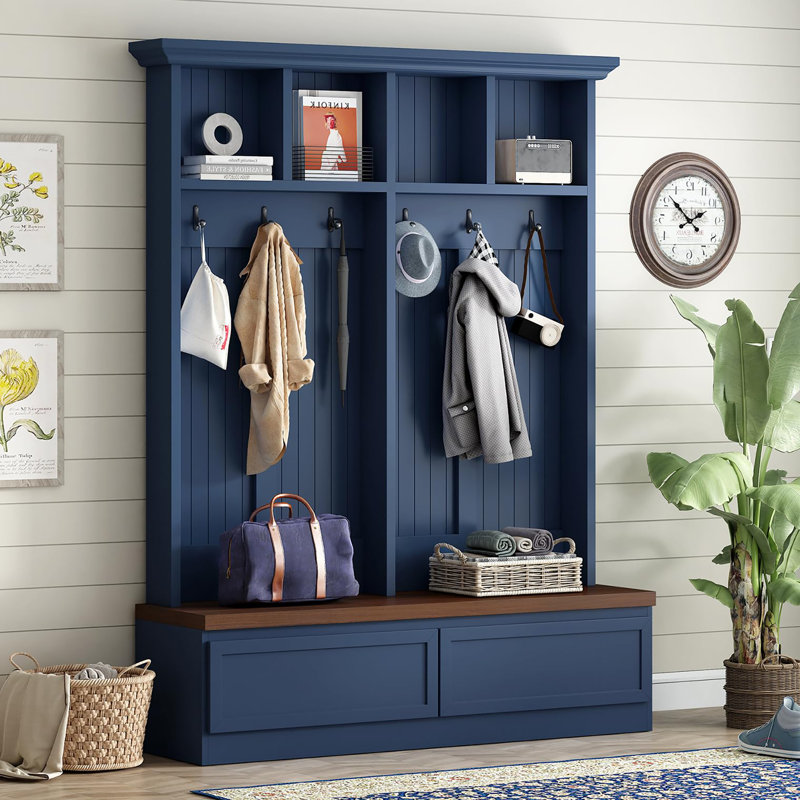 Farmhouse Hall Tree with Bench and Drawers, Blue