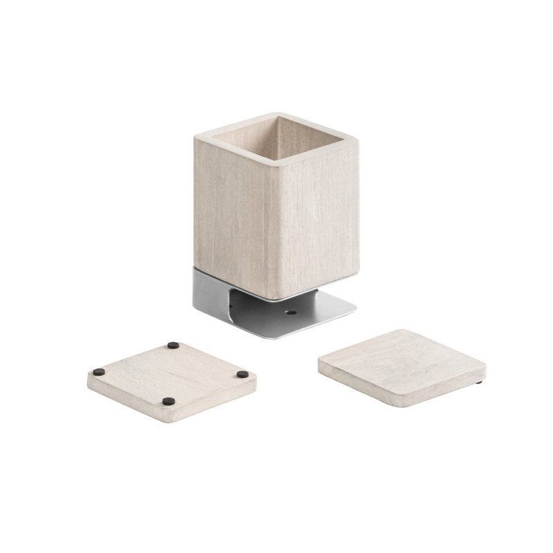Solid Wood Pen Holder with 2 Coasters, White Wash/Nickle