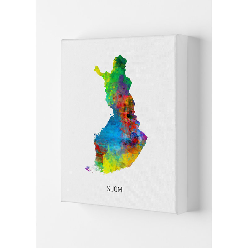 Suomi Watercolour Map by Michael Tompsett - Print, 29.7cm H x 21cm W x 4cm D, Wrapped Canvas