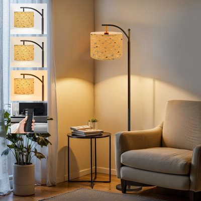 Arc Floor Lamp yellow terrazzo floor tile Tall Modern Standing Lamp LED Adjustable Linen Lampshade 3 Color Temperatures