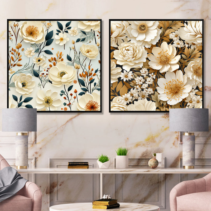 Lunaire - ensemble d'art mural en toile florale de 2, Cadre noir, H 30 po x l 61 po x P 1 po