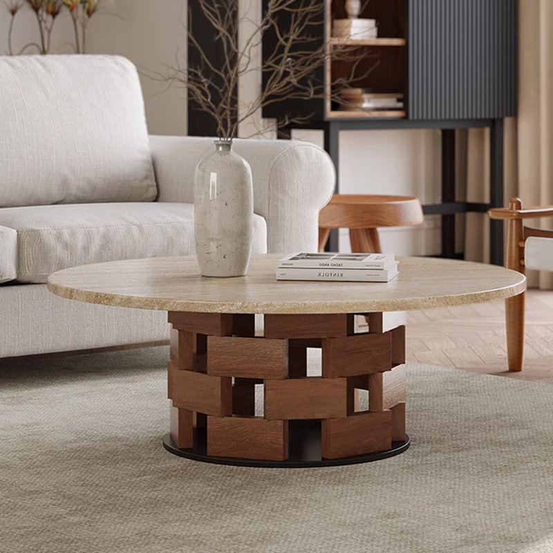 Table basse en travertin de style Wabi-sabi, Brun noisette, H 13,77 po x L 27,55 po x l 27,55 po