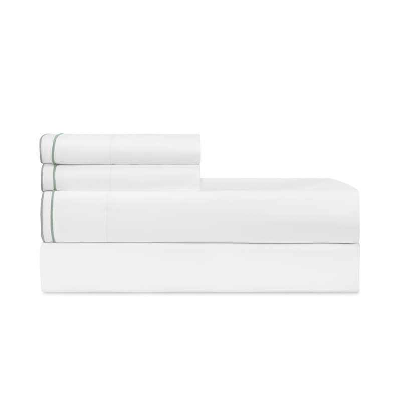Hugo Percale Sheet Set, White/Tarragon/Pewter, Twin Sheet Set