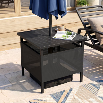 2-in-1 Metal Outdoor Side Table with 1.5"-1.9" Umbrella Hole and Base for Deck, Poolside & Garden