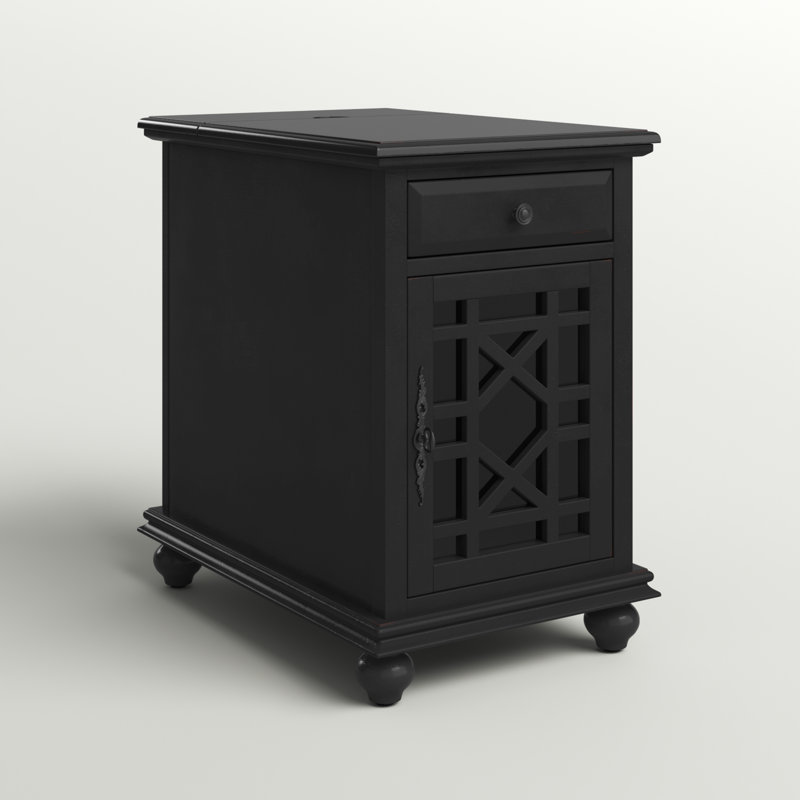 Ahmara End Table with Storage and Built-In Outlets, Antique Black Top / Antique Black Base