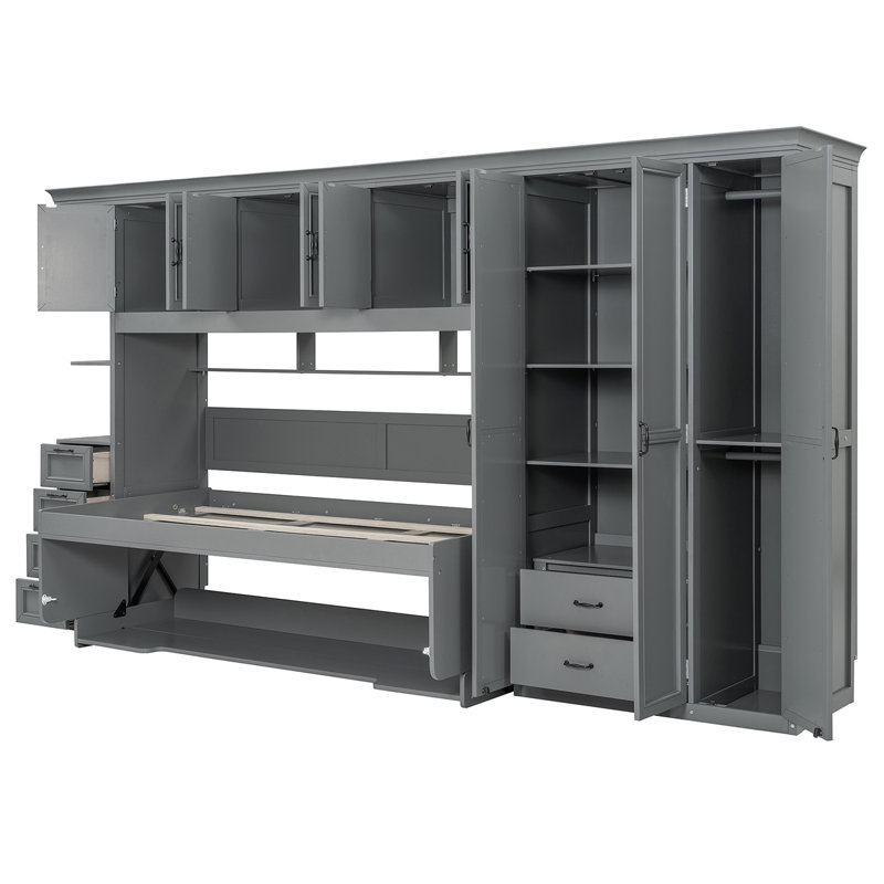 Lit escamotable simple avec garde-robe, armoire et bureau, Gris