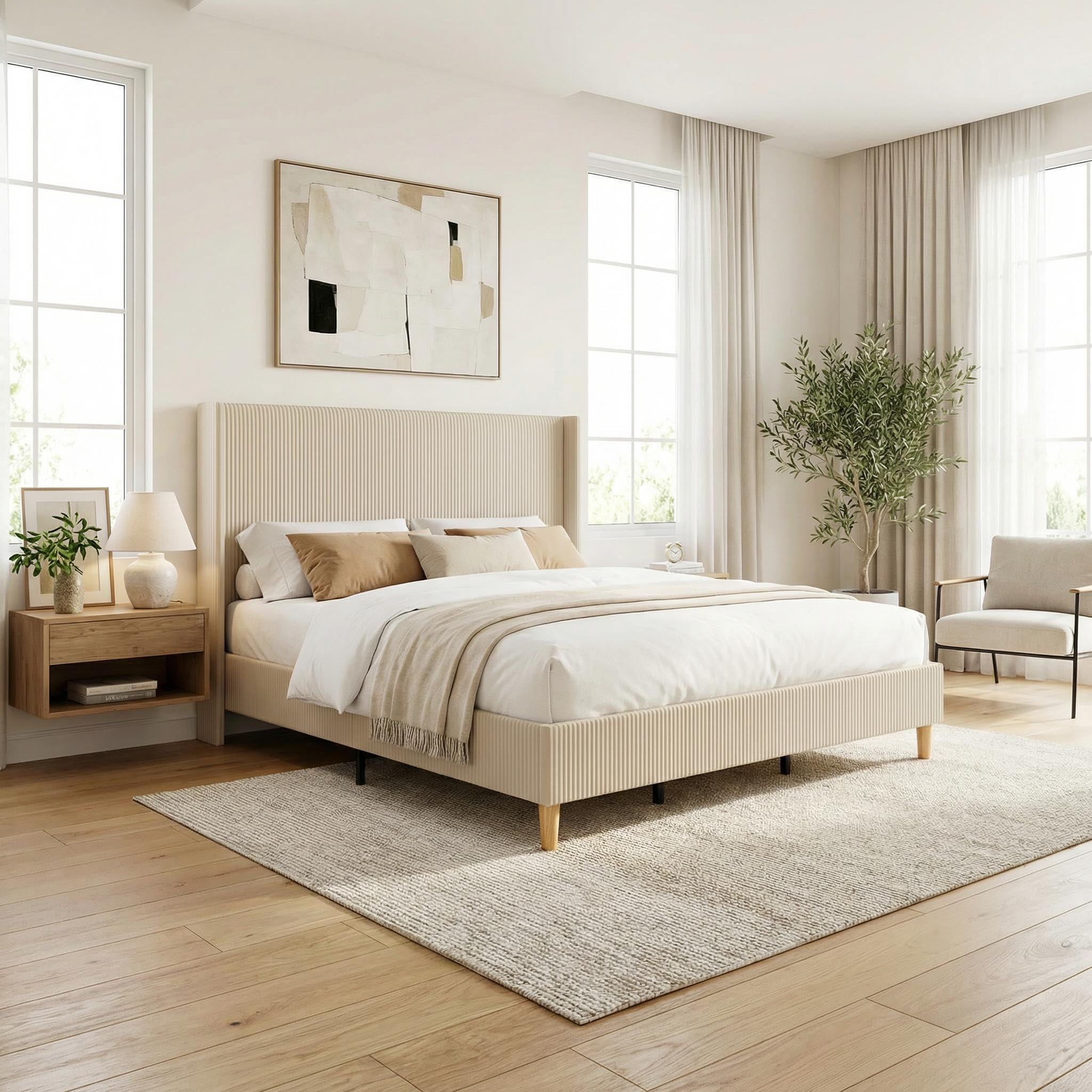 Upholstered King Size Bed Frame, Corduroy King Bed Frame with Wingback Headboard, Bed with Wooden Slats, No Box Spring Needed, Noise Free, Beige