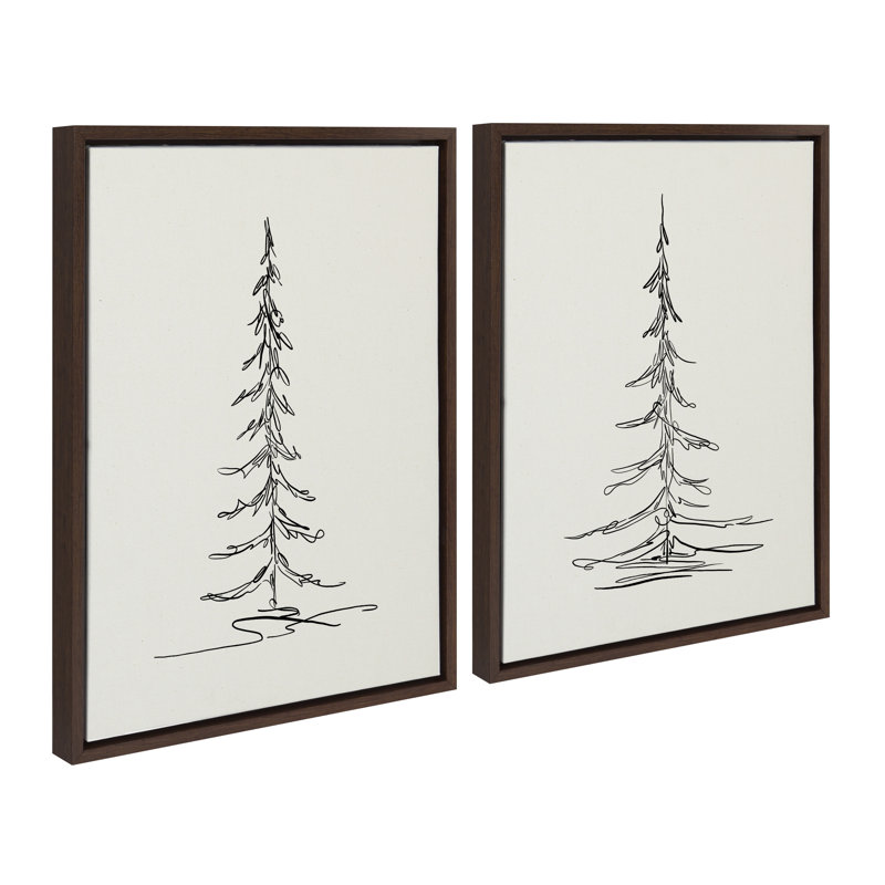 Minimalist Evergreen Trees Sketch by The Creative Bunch Studio Framed Canvas Wall Art Set, Brown Framed