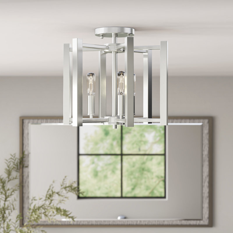 Claude 3 - Light 13'' Caged Geometric Semi Flush Mount in Satin Nickel, Satin Nickel