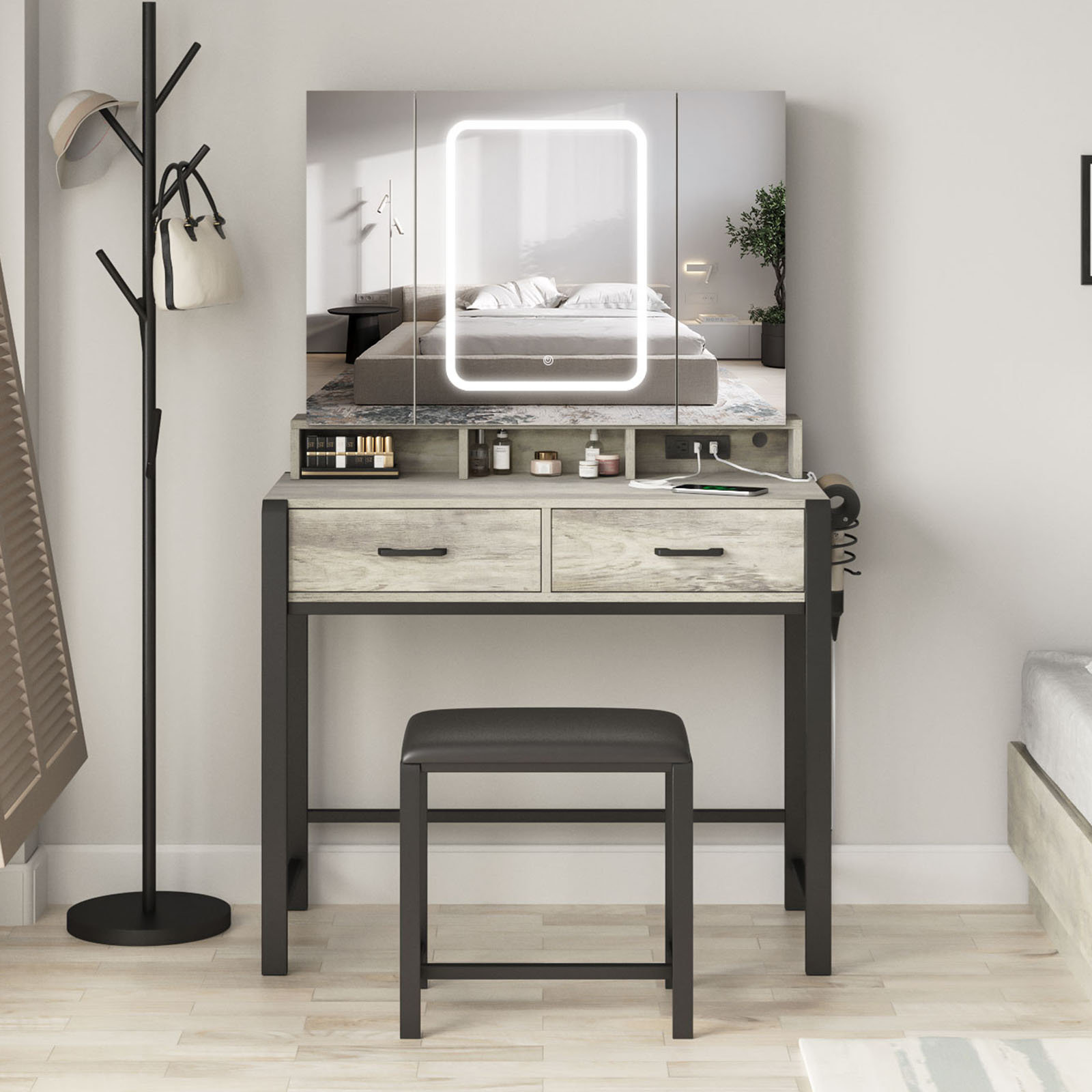 Latitude Run® Jamaiyah Large Vanity Desk with Storage Shelves, 5 Drawers,  Glass Cabinet