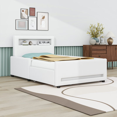 Upholstered Platform Bed with Drawer, LED Light and USB Port