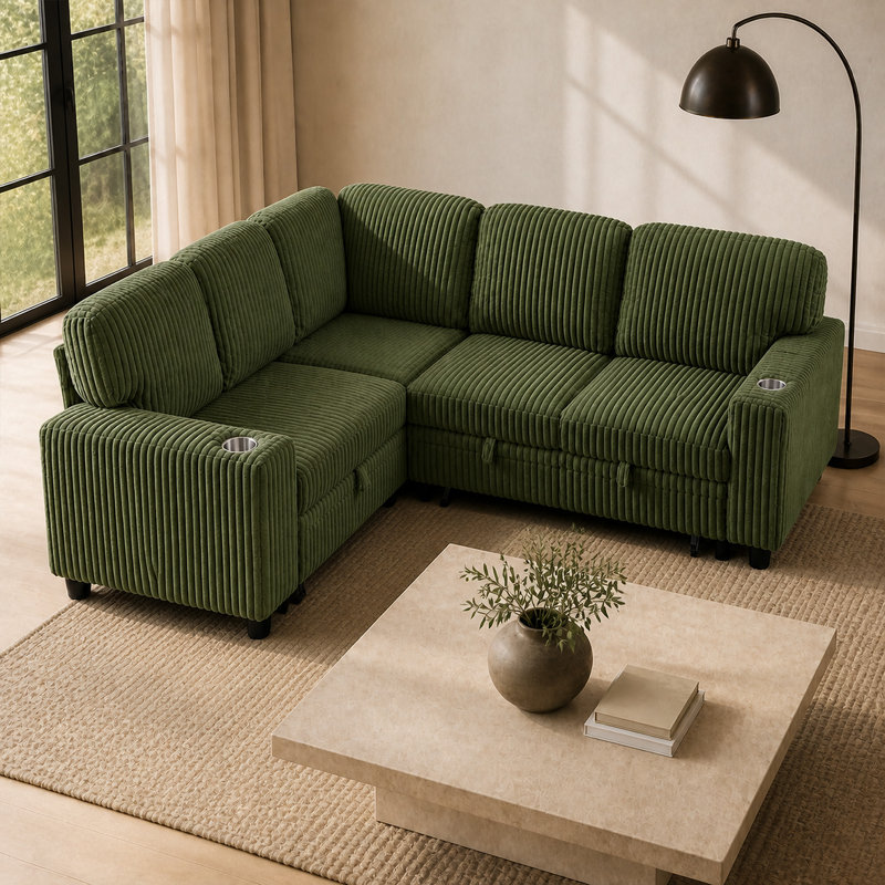 Canapé d'angle convertible 5 places en velours côtelé, réversible, avec rangement et port USB, vert olive, Vert olive