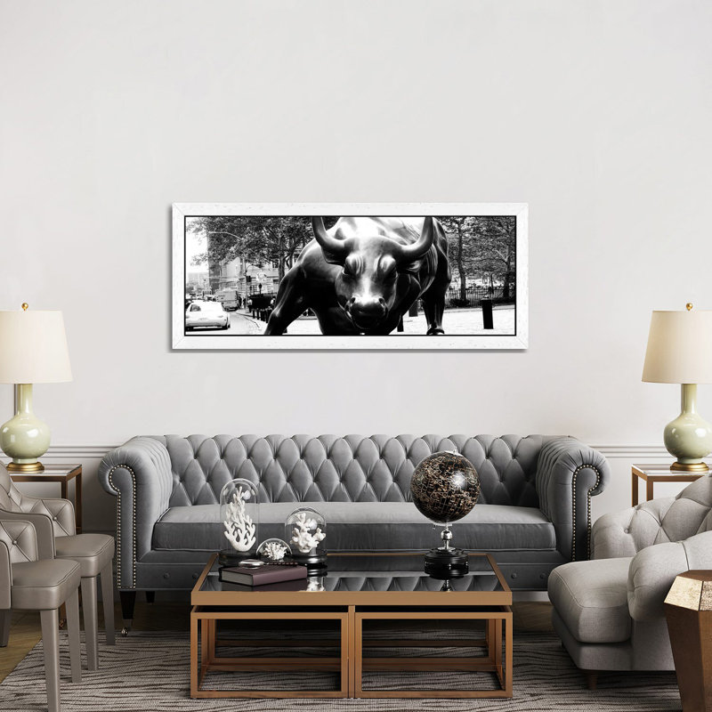 Wall Street Bull Close-up - Panoramic Print on Canvas, 121.92 cm H x 40.64 cm W, White Framed
