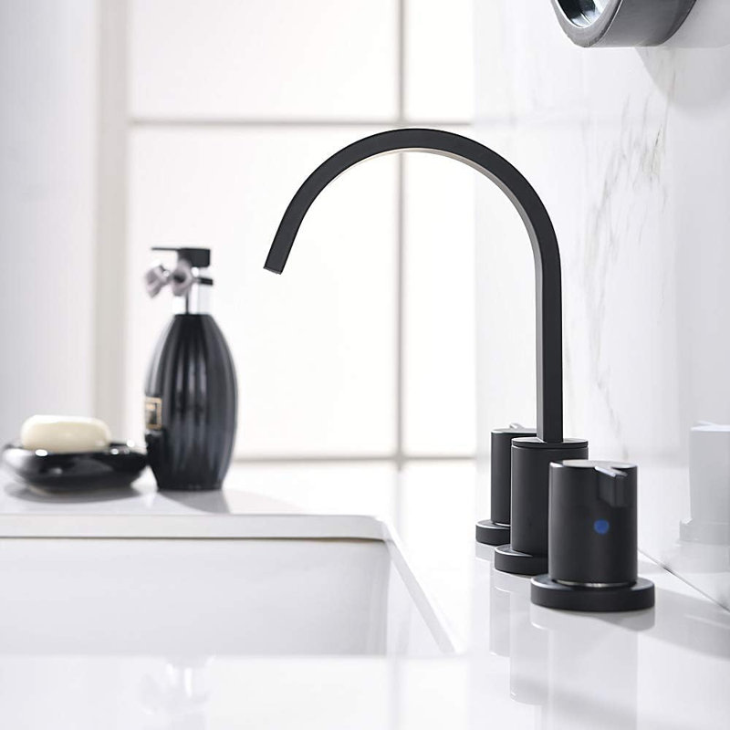 Robinet de salle de bain noir mat à 3 trous et 2 poignées avec drain en cuivre et valve