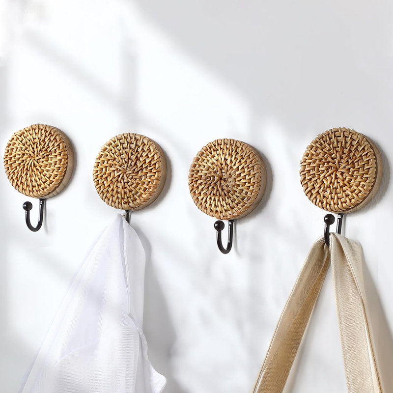 Lot de 4 crochets muraux bohèmes en rotin, rangement rond bohème pour entrée, porte-sacs à main mural, bois, organisateur de style ferme
