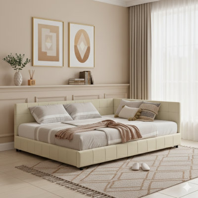 Full Size Padded And Quilted Bed Base, Couch-Style Bed Structure With A Cushioned Back Support And Side Armrests, Full Dimensions Bed Suitable For Sleeping Quarters Or Common Areas, Velvet Fabric, NEW BEIGE Color (Measures 80.5'' L X 59'' W X 30.5'' H).