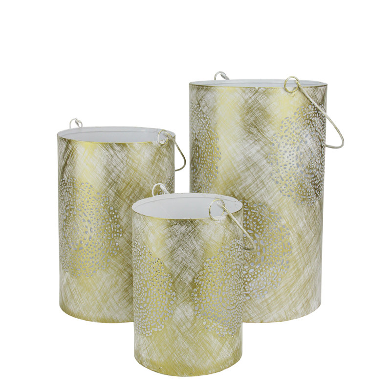 Decorative Floral Cut-Out Pillar Candle Lanterns 10", White/Gold