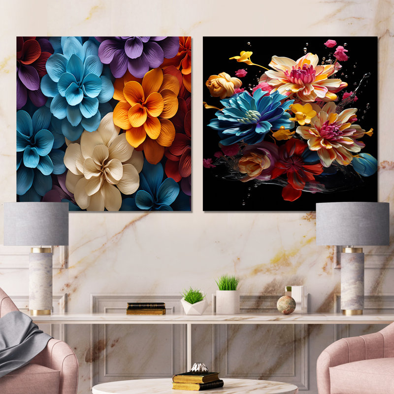 Natures mortes abstraites colorées - ensemble de 2 collages carrés abstraits, H 30 po x l 61 po, Toile tendue