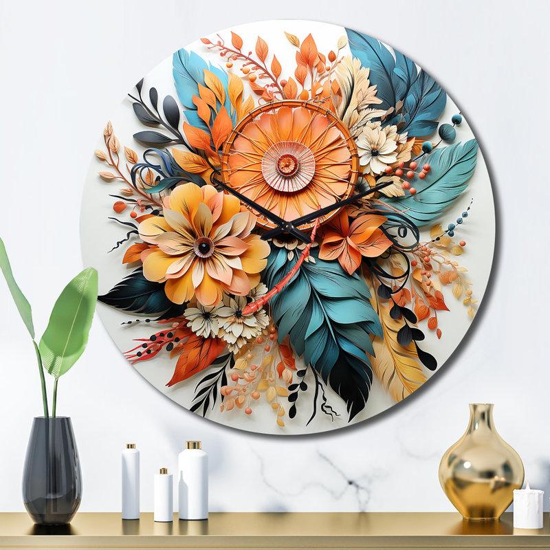 Horloge murale orange fleurs de bohème orange et plumes bleues II, Grand