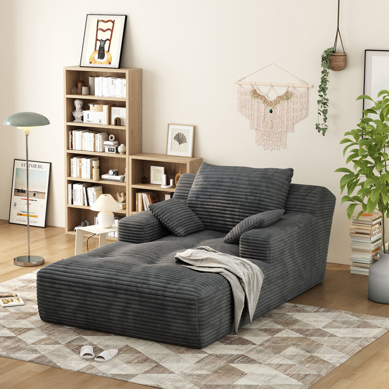 67'' Upholstered Chaise Lounge, Corduroy Sofa Bed With Deep Seat , Pillows And Armrests, No Assembly Required, Dark Gray