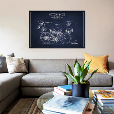 " J. Canfield Motorcycle Patent Sketch (Navy Blue) " by Aged Pixel