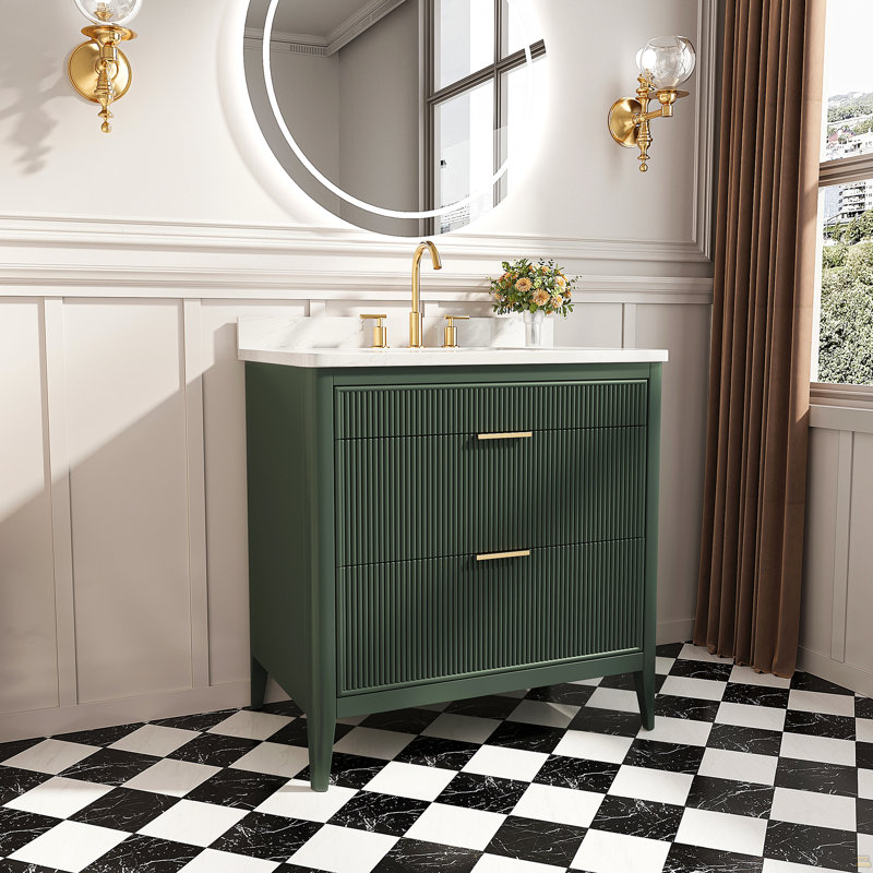 Meuble-lavabo de salle de bain autoportant vert 36 po entièrement assemblé avec structure en bois massif et plateau en marbre d'ingénierie