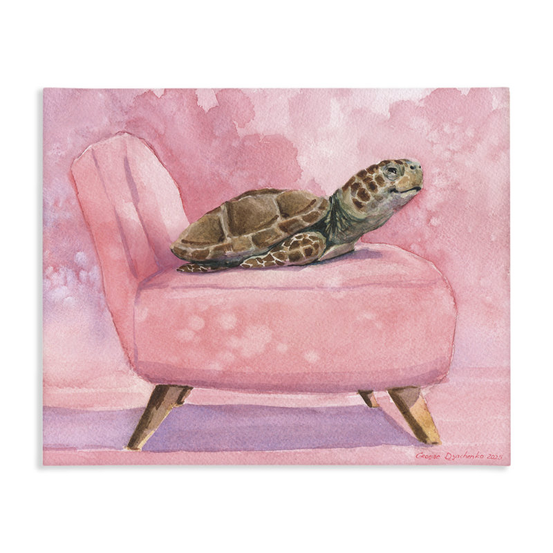 «Happy Turtle» sur toile de chaise rose, design par George Dyachenko, H 16 po x l 20 po