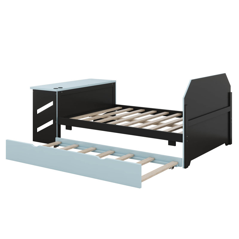 Full Size Wood Daybed With Twin Size Trundle, Built-In Desk, USB Charging Ports, Gaming Style Multifunctional Bed For Teens
