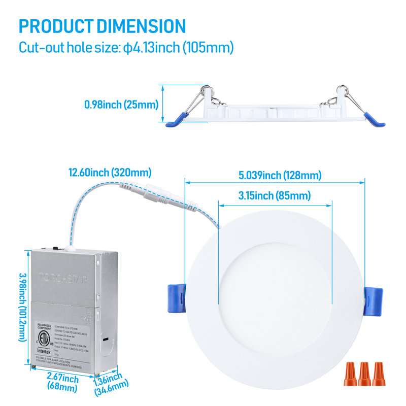 Luminaire encastré mince de 4 po avec J-Box, plafonnier à DEL ultra-mince 5CCT CRI90, à intensité variable, ETL et ES