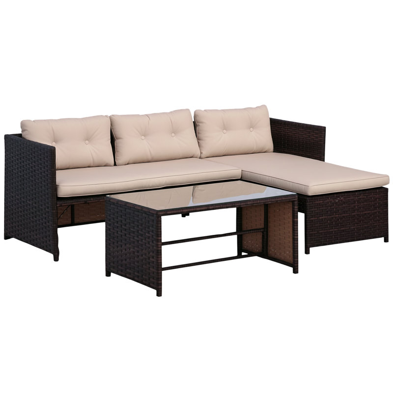 Ensemble de conversation avec canapé en rotin 3 pièces avec coussins Hudak, Beige / brun