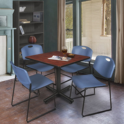 Nicklos Square X-Base Breakroom Table, 4 Zeng Stack Chairs
