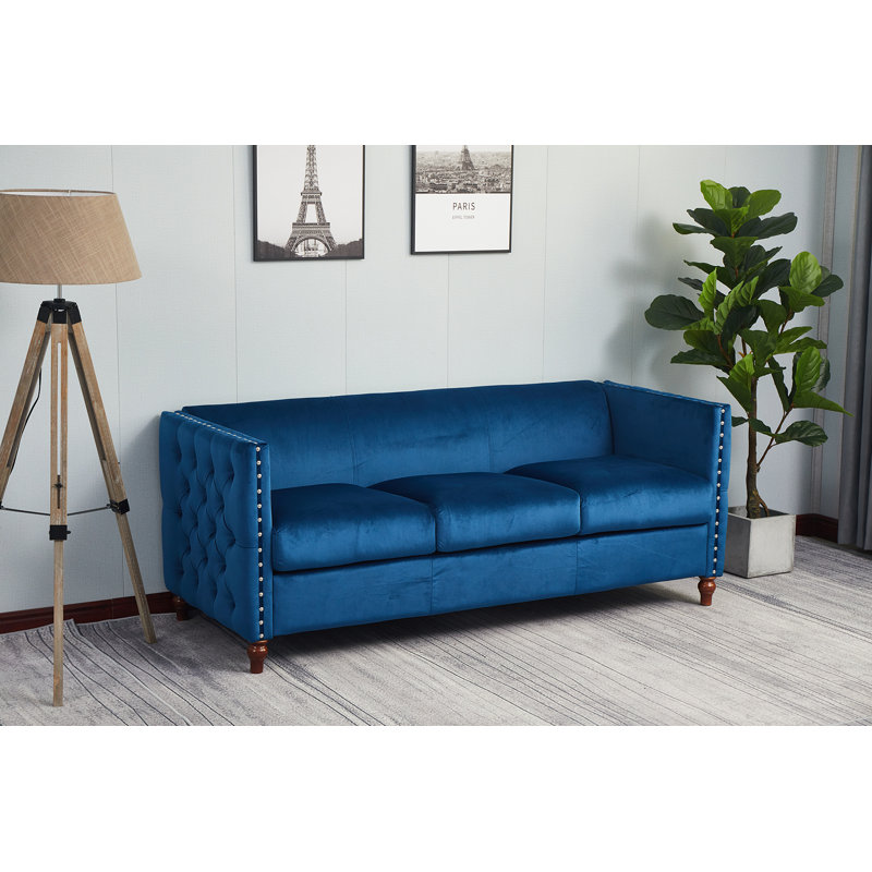 Canapé en velours à accoudoirs carrés 70 po Shawn, Velours bleu