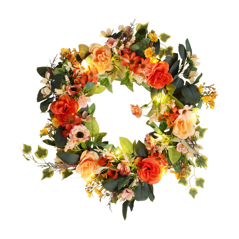 Faux Lighted Peony Rattan 40cm Wreath