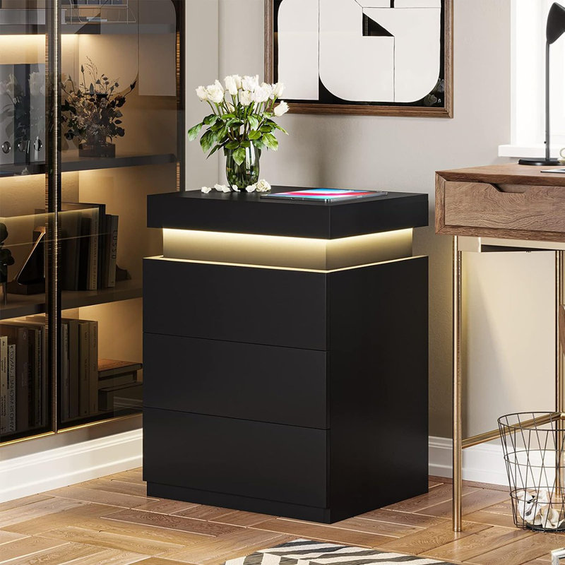Tray Top 3 - Drawer End Table and Built-In Outlets, Black