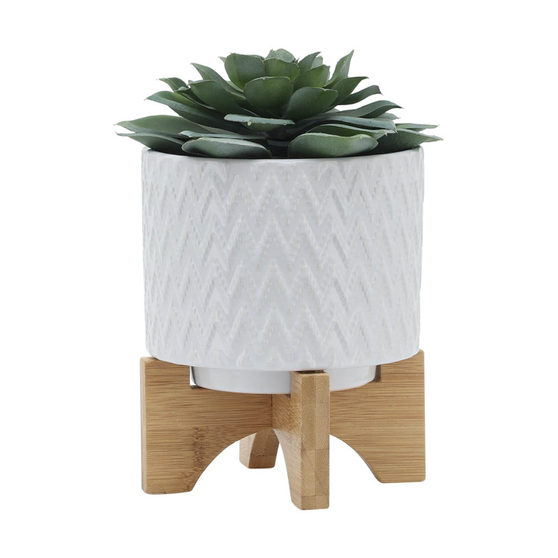 Geometric Round Ceramic Outdoor Planter on Stand for Living Room or Patio Decor - Modern Indoor Flower Pot Display for Home Decor Styling - White