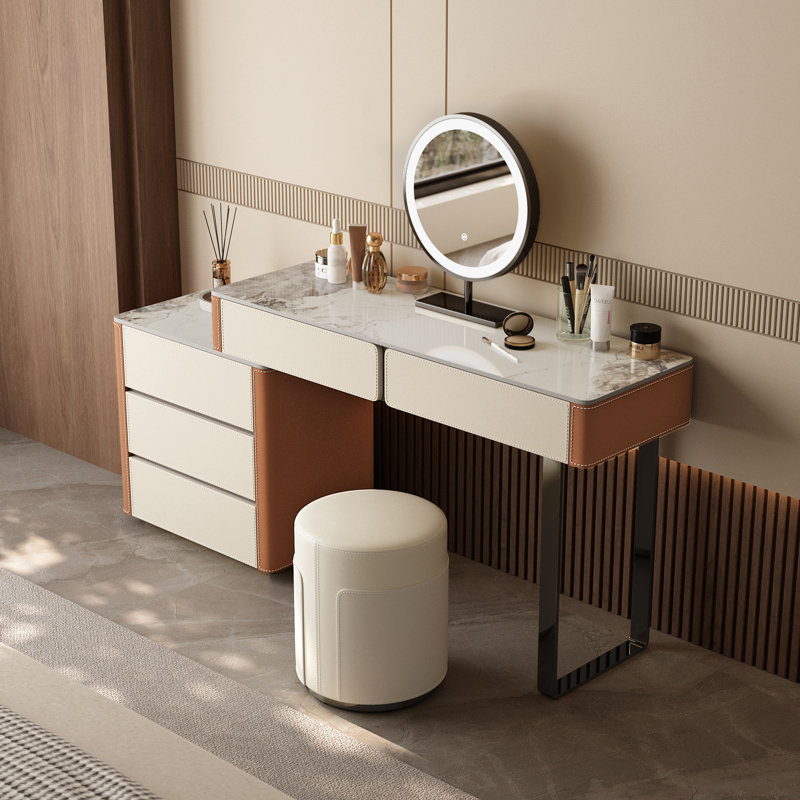 Ensemble de coiffeuse moderne avec miroir et tabouret à DEL, ensemble de bureau de maquillage en cuir de selle, acier inoxydable, panneau de roche, tiroirs de rangement pour la coiffeuse de la chambre à coucher