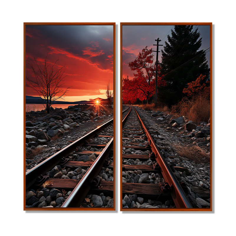 Train, train rouge, paysage I, 20" H x 24" W, Brown, Impression encadrée flottante