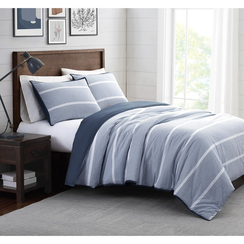 Niari Yarn Dye Stripe Cotton Box Stitch Striped Comforter, Blue, Twin /  Twin XL Comforter + 1 Twin Sham