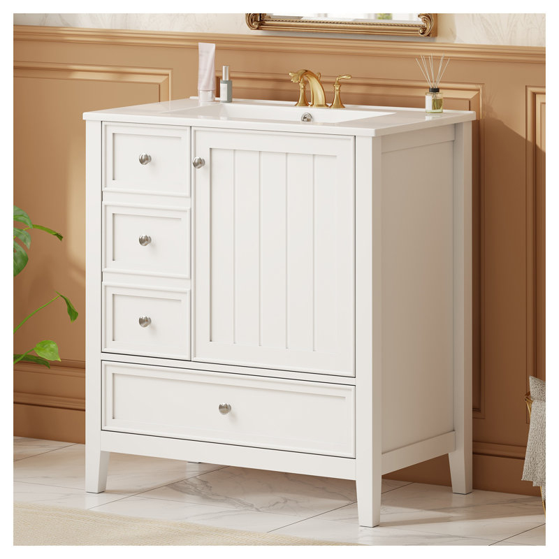 Meuble-lavabo blanc 30 po avec lavabo, armoire et trois tiroirs, White